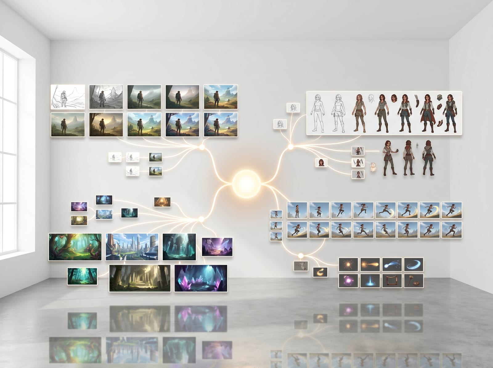 Generative AI process turning ideas and references into images, motion, and visual effects
