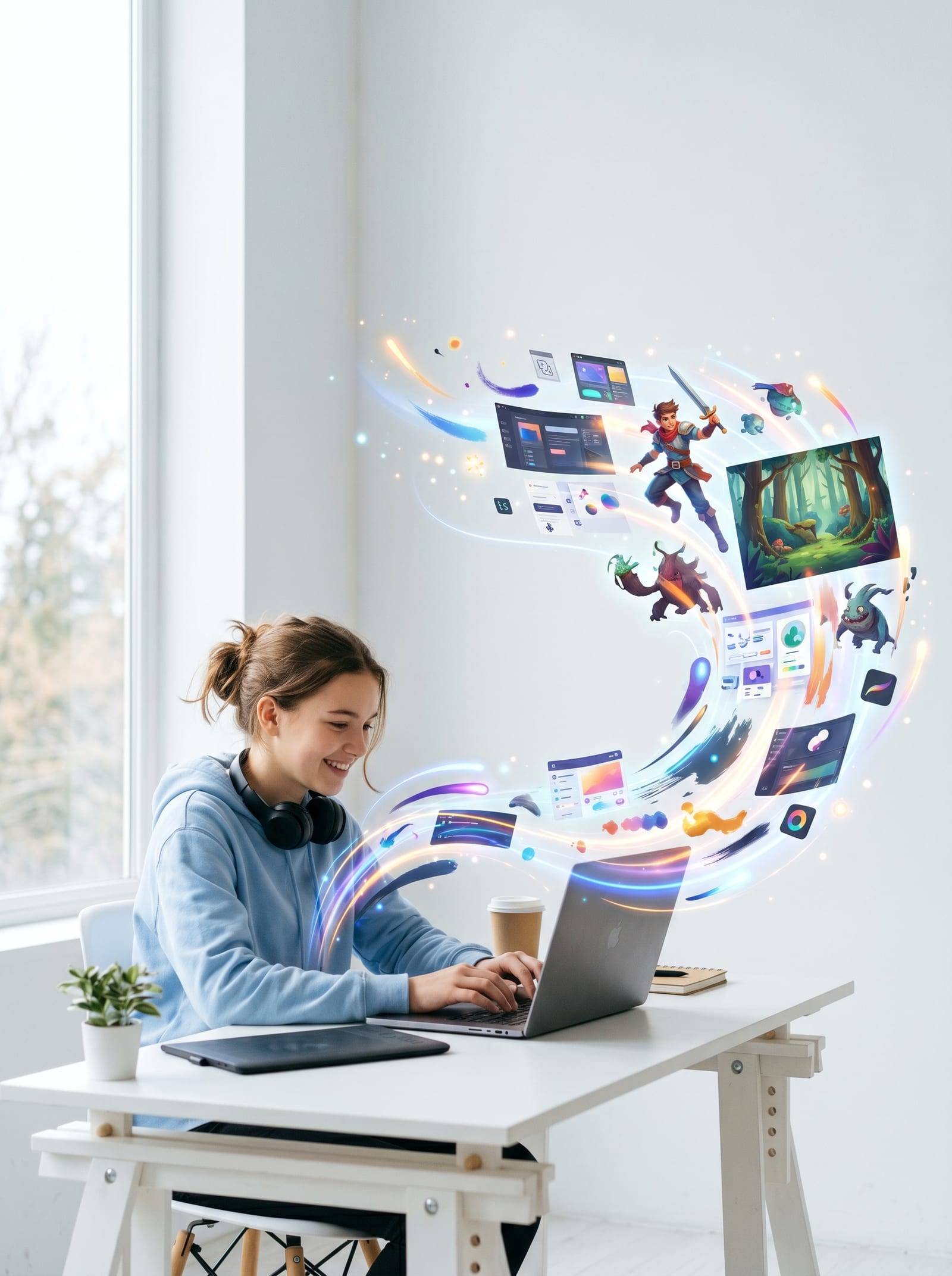 Teen using Generative AI to create visual stories on a laptop